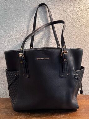 Michael Kors Black Saffiano Leather Tote Bag Perforated Sides Gold Hardware